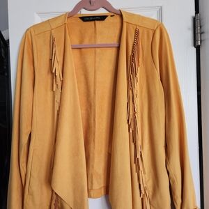 Colleen Lopez Mustard Fringe Open Front Jacket